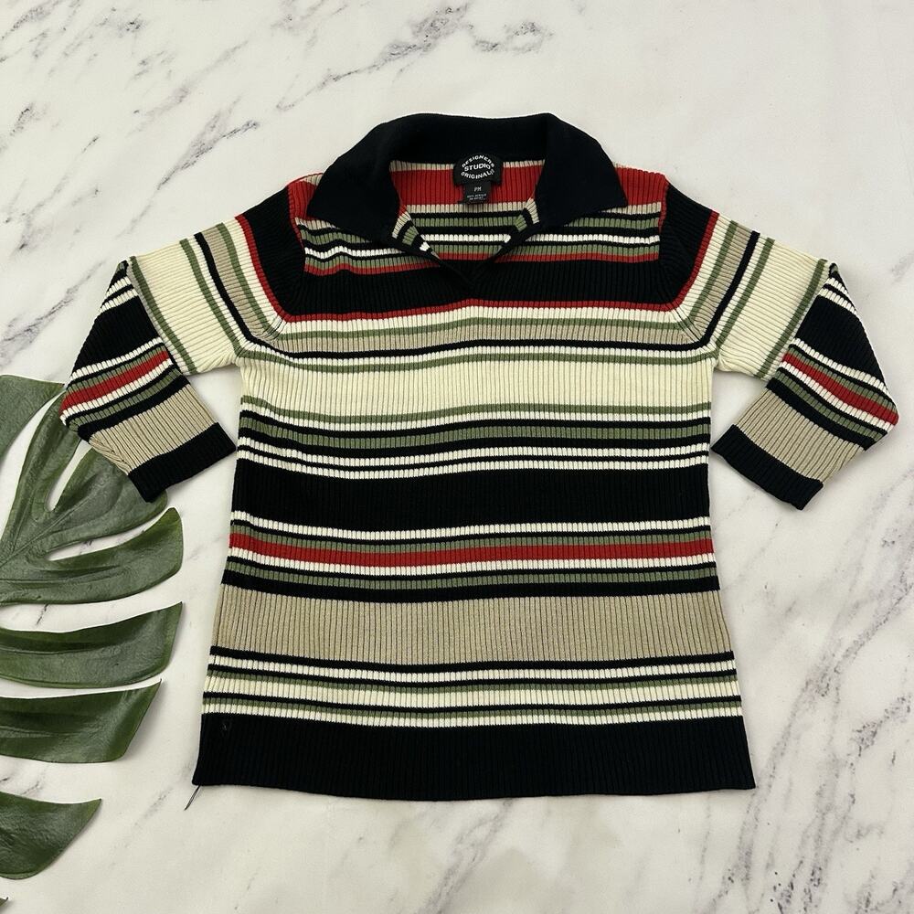 Designer Studio Womens Vintage y2k Ribbed Knit Sweater Size M P Red Black Stripe